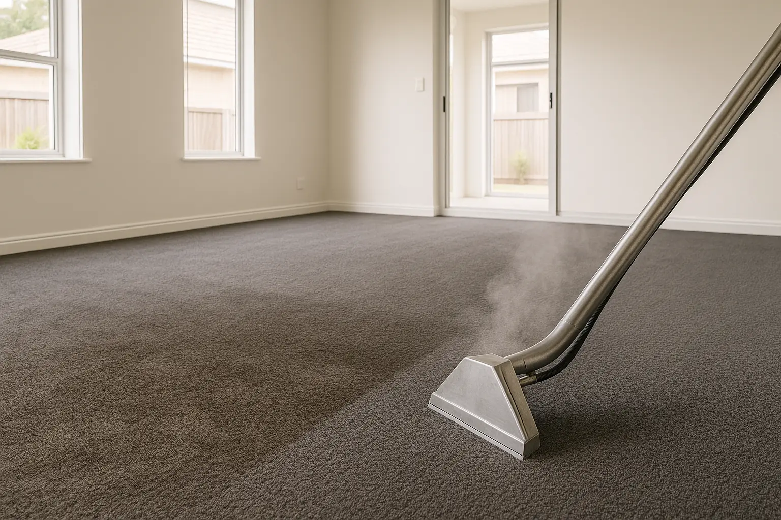 Freshly steam cleaned carpet in an empty apartment room